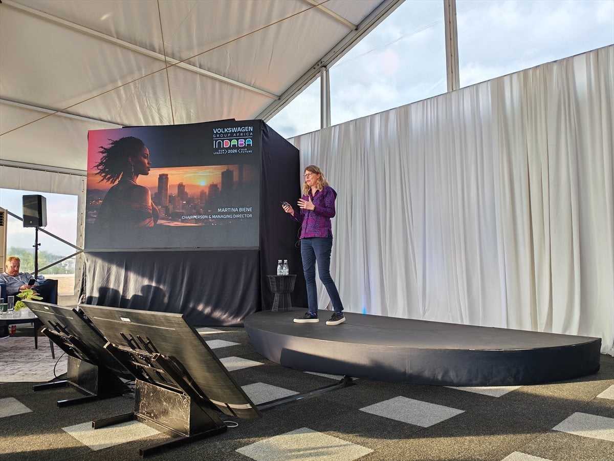 Volkswagen Group Africa's Martina Biene addressing media at the third annual Volkswagen Indaba | Image credit: Imran Salie