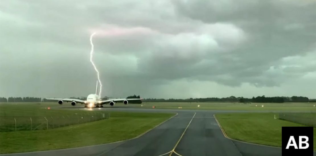 Watch: Incredible footage as lightning bolt just misses Emirates A380 aircraft